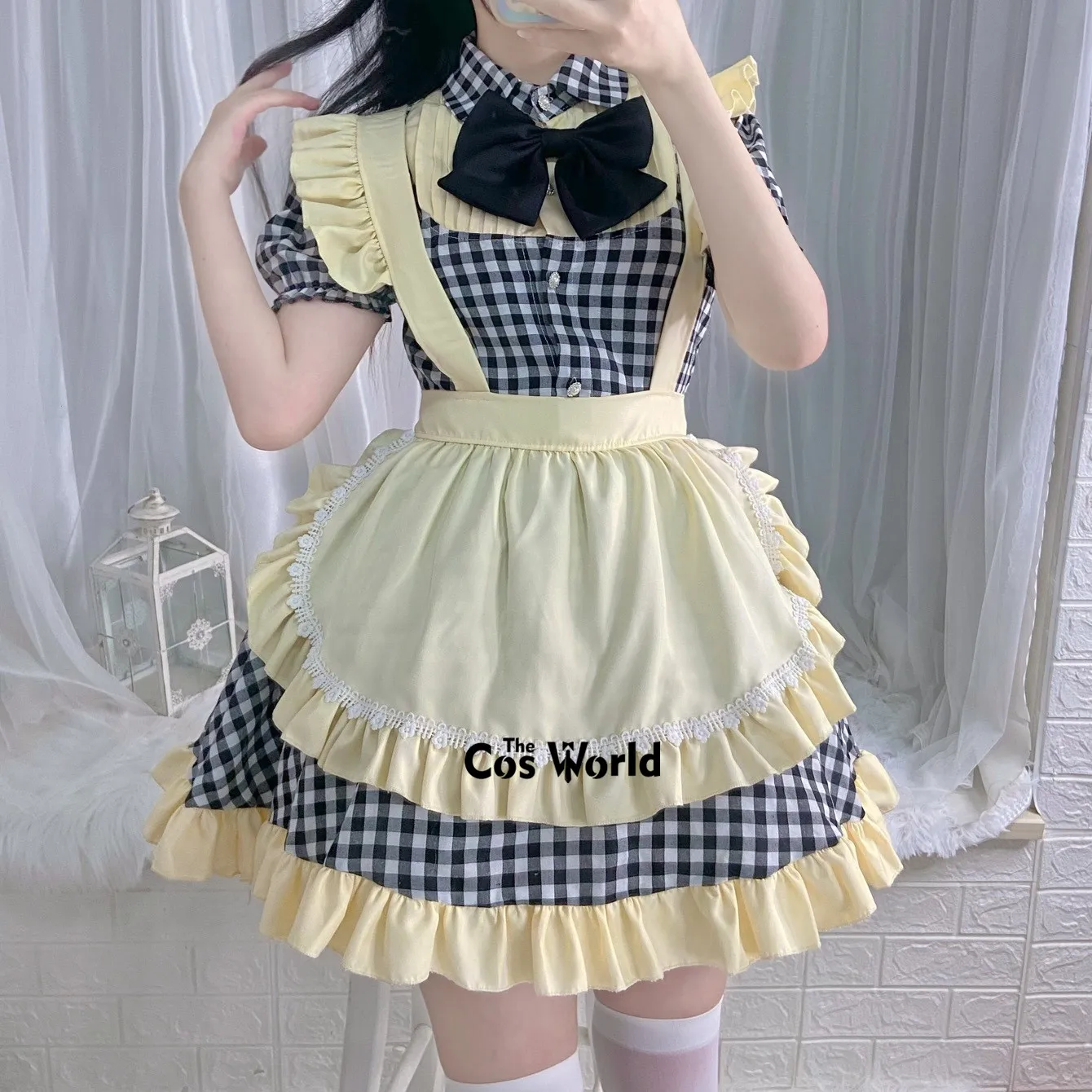 Japanese Lolita Princess Plaids Apron Maid Dress Uniform Housekeeper Maidservant Restaurant Outfits Anime Cosplay Costumes