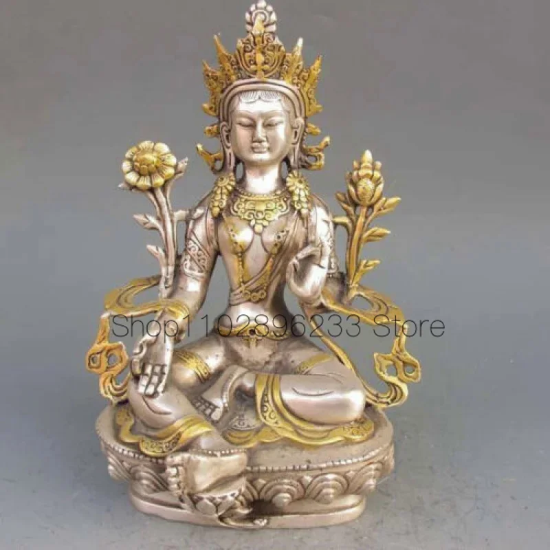 

China antique Tibet silver gilt copper Buddhist green Tara statue