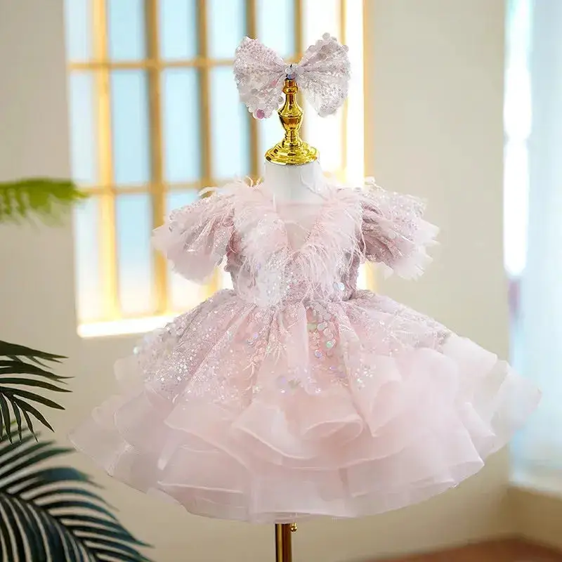 Baby Clothing Feather Sequin Design Baptism Birthday Party Gown Girls Christening Princess Dresses For Easter Eid Vestidos A2135