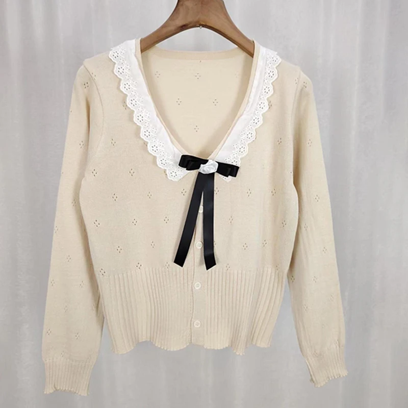 Women Knitted Bow Beaded Sweet Knitwear V-neck Lace Patchwork Casual Cardigan