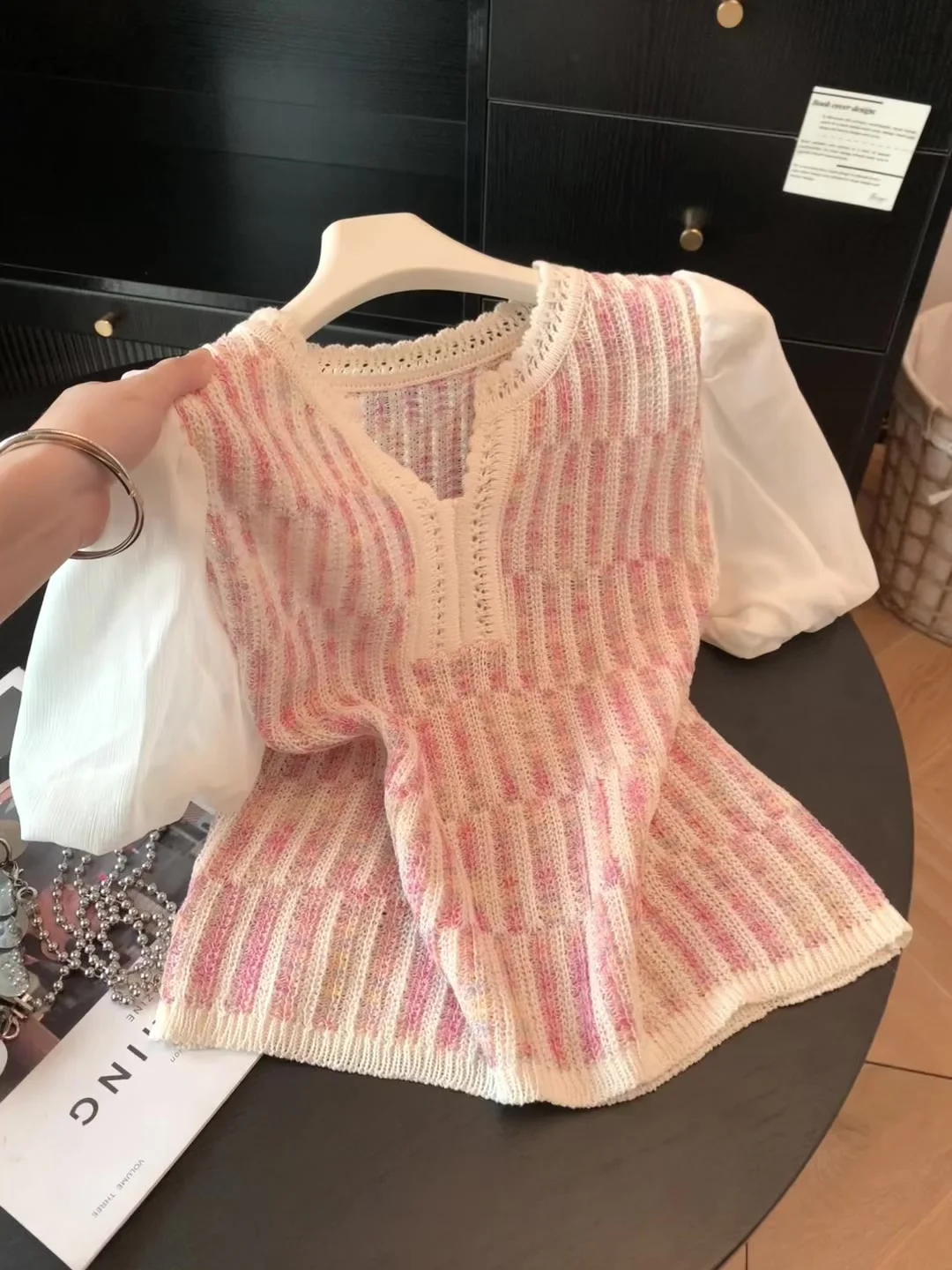 Women Pink Hollow Out Knit T-shirt V-Neck Short Sleeve Tee Top Y2K Gyaru Vintage Korean Style T-shirt Knitwear for Women Summer