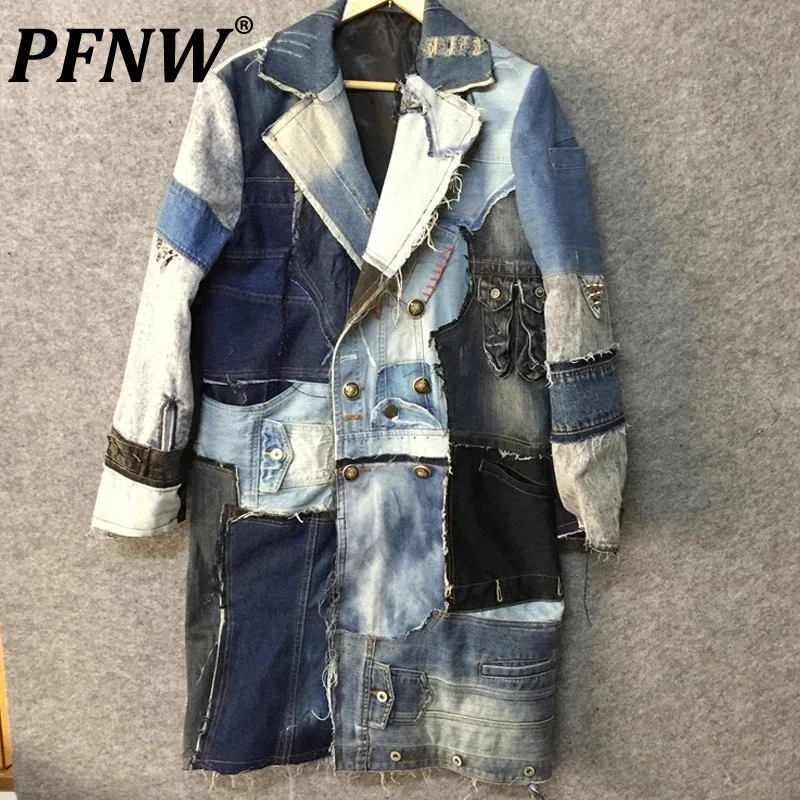 PFNW Autumn Men\'s Patchwork Denim Worn Out Deconstruction Trench Coat Avant-garde Double Breasted Techwear Windbreaker 21Z1042