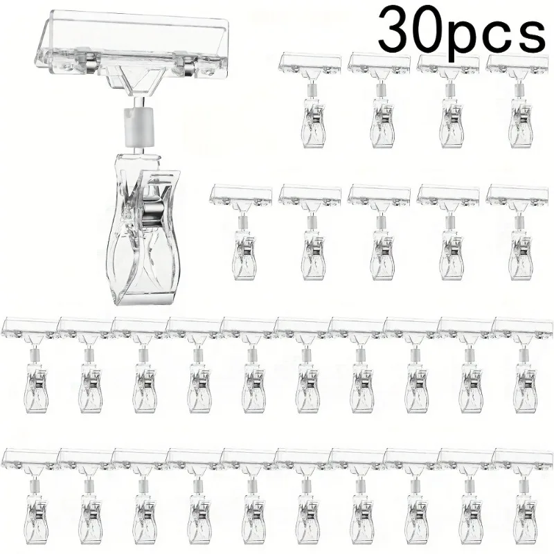 30pcs Transparent Sign Clips Retail Display Plastic Price Tag Clips Rotatable Acrylic Clip for Retail Shelves Shopping Baskets