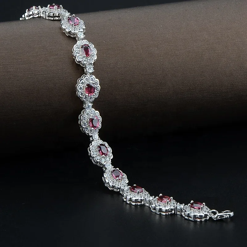 Customized Luxury 925 Silver Cubic Zircon Fashion Ruby Bracelet Tennis Bracelet For Women Valentine's Day Gift Flower Bracelet