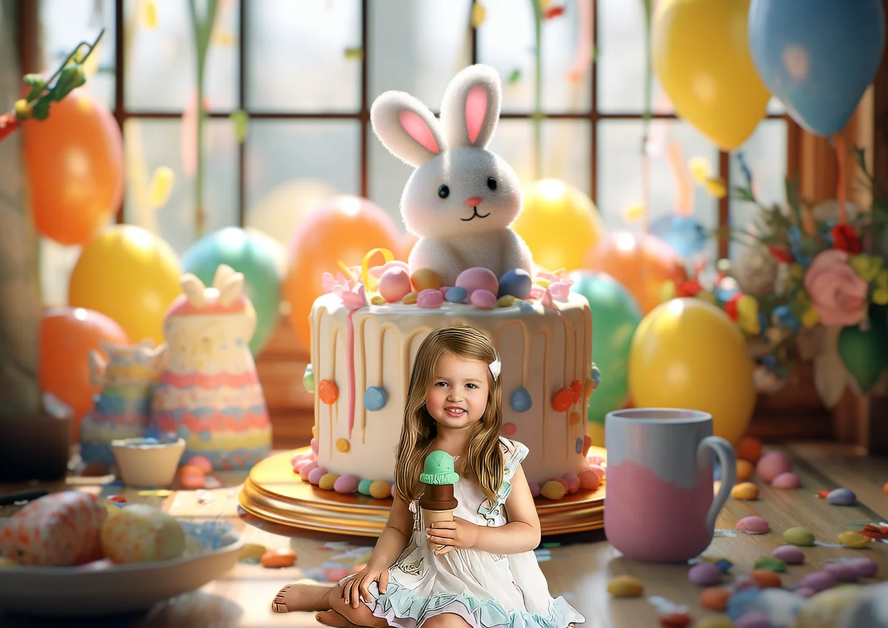 Easter Photography Backdrop Easter Decor Colorful Cake Decorations Bunny Balloon Kid Birthday Portrait Background Photo Studio