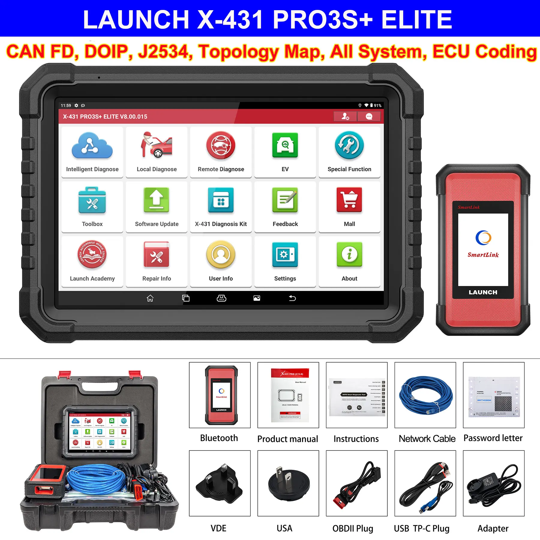 LAUNCH X431 PRO3S+ ELITE Geavanceerde Programmeringstool J2534 CAN FD DOIP Online Codering Alle Systeem Auto Diagnose Tool Topologiekaart