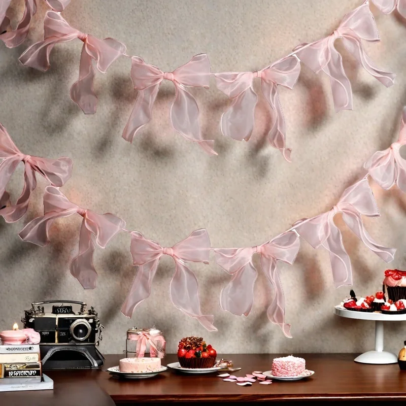 Sweet Pink Yarn Bowknot Garland Flags Princess Girls Room Wall Hanging Banner for Kids Birthday Baby Shower Wedding Party Decor