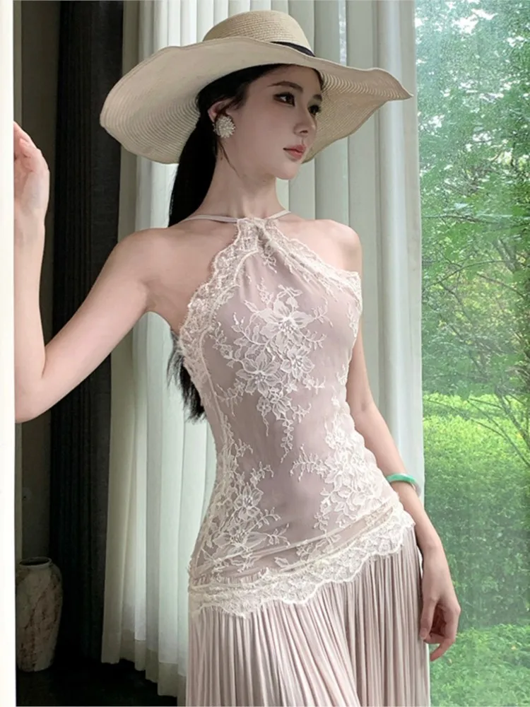 女性ヴィンテージレースホルターロングパーティードレスセクシーなスパゲッティストラップ背中の開いたイブニングウエディングエレガントなノースリーブスリム Vestidos Mujer 新しい