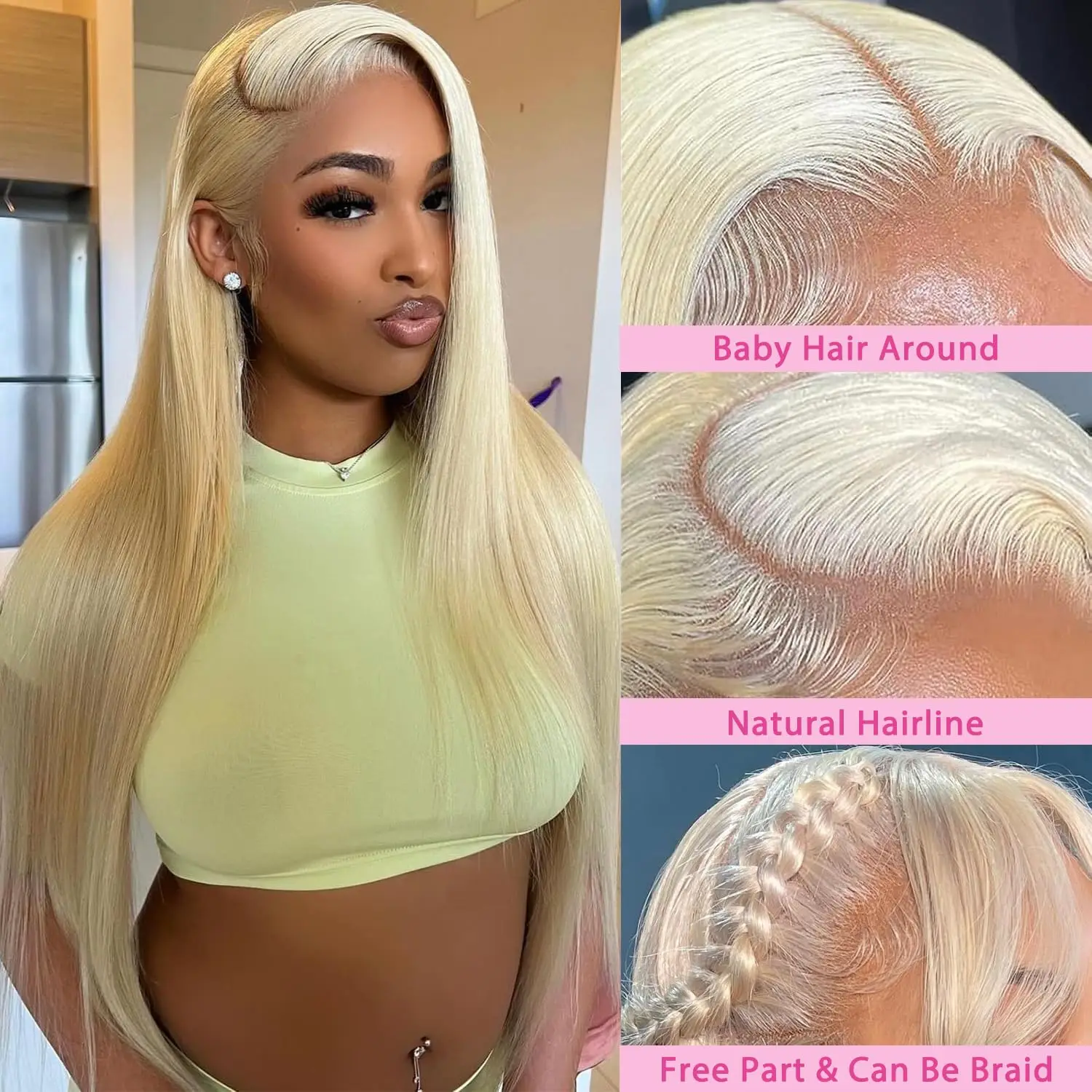 Peruki z ludzkich włosów, blond 613, proste, 34 cale, peruki typu lace front 13x4, 200% gęstości, z transparentną koronką HD, wstępnie wyregulowane, z baby hair.