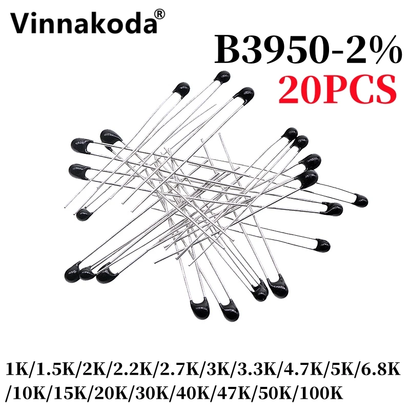 20PCS Termistor NTC Rezystor termiczny MF52A 1K/1,5K/2K/2,2K/2,7K/3K/3,3K/4,7K/5K/6,8K/10K/15K/20K/30K/40K/47K/50K/100K B3950-2%