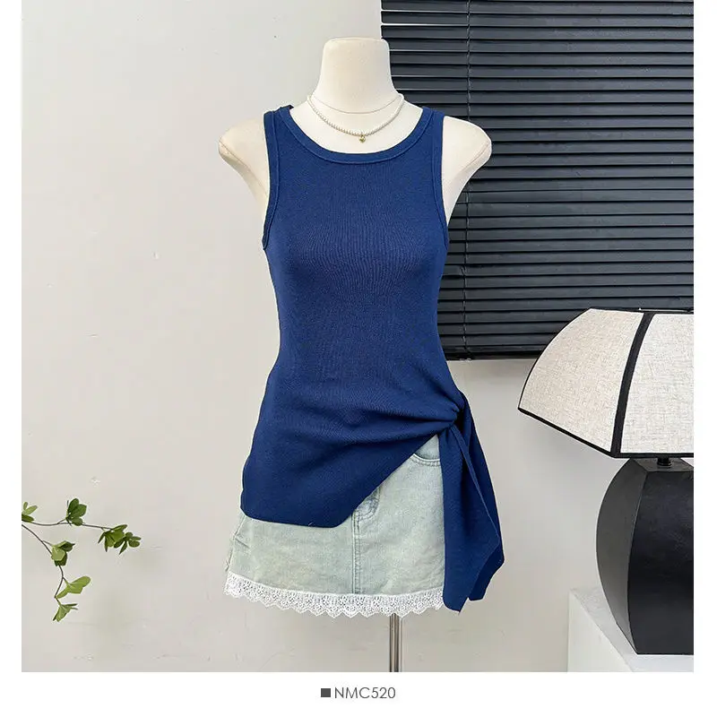 سترة بروتيل محبوكة بلون سادة لملابس الصيف، حزام خصر غير منتظم مفتوح بدون أكمام