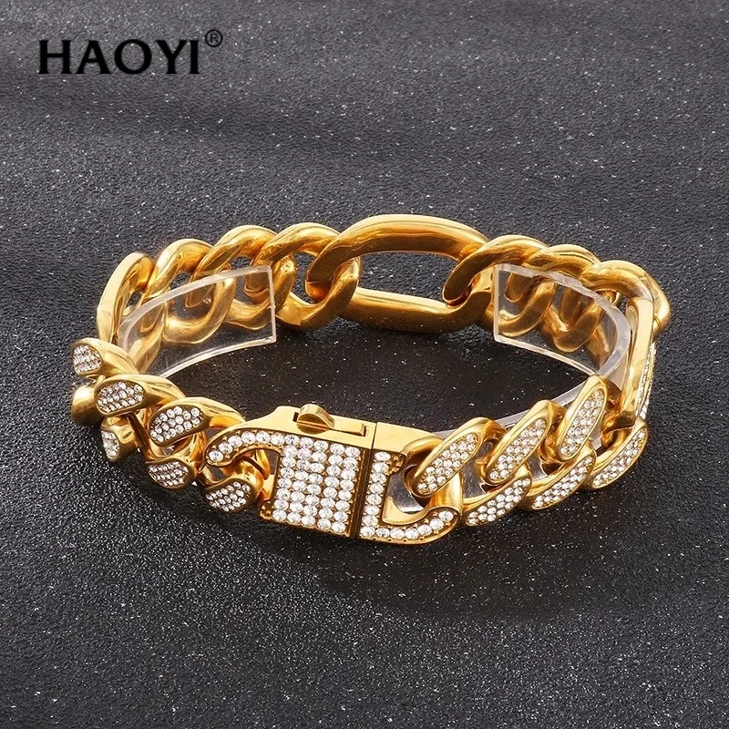 HAOYI Stainless Steel Square Buckle Zircon Bracelet 12/16/20MM Wide Creative Cuban Chain Bracelet Simple Men's and Women's Jewe