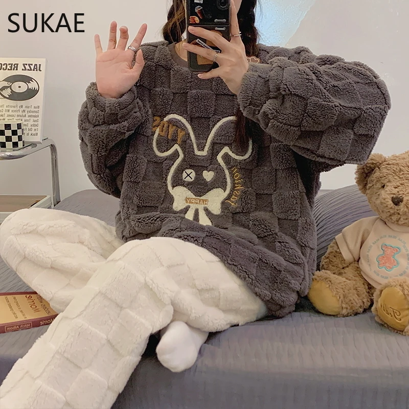 SUKAE HQ Chinese Thick Velvet Winter Women Thermal Pajamas Set Long Sleeves Pijamas Pink Bear Preppy Sleepwear Korean Pyjamas