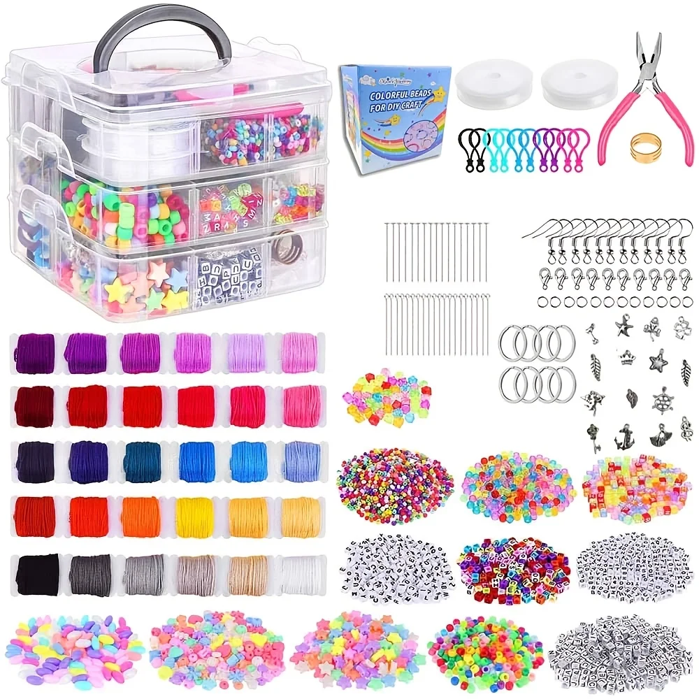 

Набор для творчества из 3750 бусин с трехслойными аксессуарами, подходит для изготовления браслетов, украшений, поделок, модных подарков.