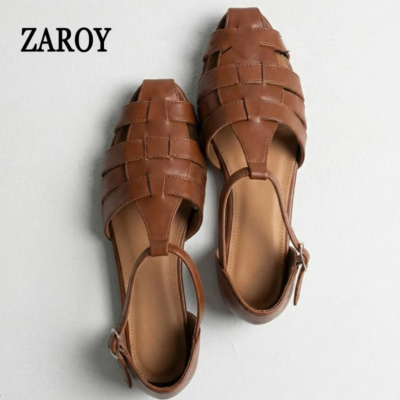 

ZAROY босоножки женские Women's Sandals Summer 2026 Casual Roman Flat Sandals Cover Toe T-strap Weave Boho Shoes