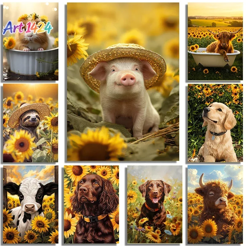 1pc frameless Warm And Fashionable Animals Pig Dog Cow Mice Sloths And Sunflowers Art Posters Canvas  Living Room Wall at