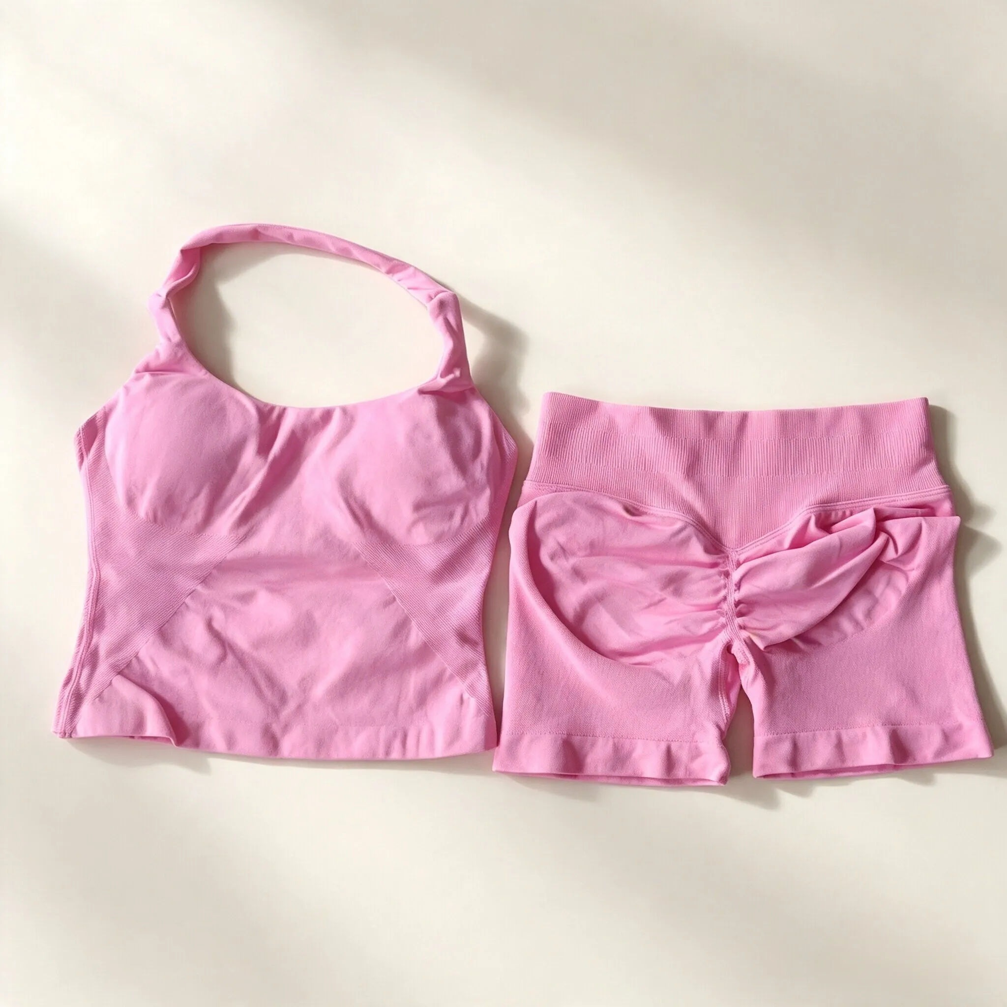 Dneyf 1D-3Y-2F Damen Neckholder Crop Sport-Top & Rüschen Scrunch Butt Shorts 2-teiliges Set Schnelltrocknendes Fitness Yoga Workout Outfit – Detail 26