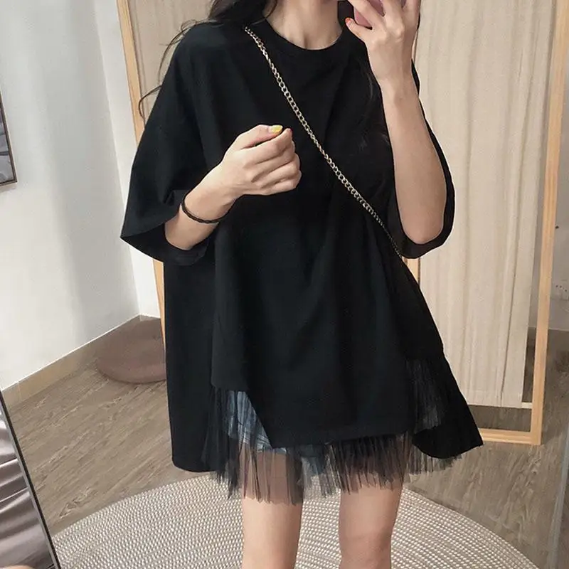 

Fashion O-Neck Spliced Gauze Irregular T-Shirts Female Clothing 2024 Summer New Oversized Casual Tops Asymmetrical Tee Shirt