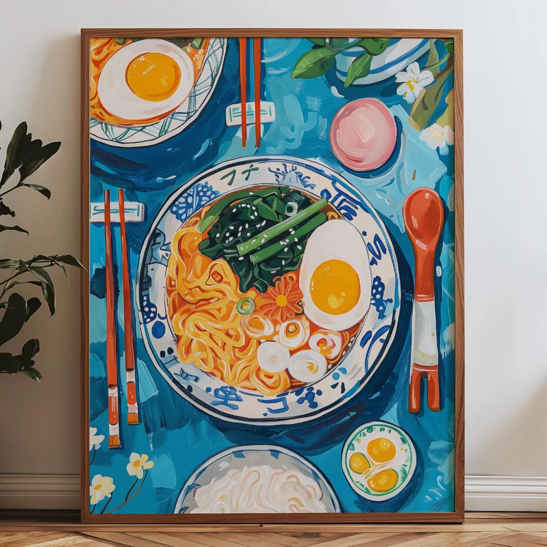 تنزيل طباعة رامين لذيذ، ملصق فني مطبخ ياباني قابل للطباعة، طعام مسطح في الطاولة، ديكور مطبوع أزرق لطيف، وا آسيوية #4