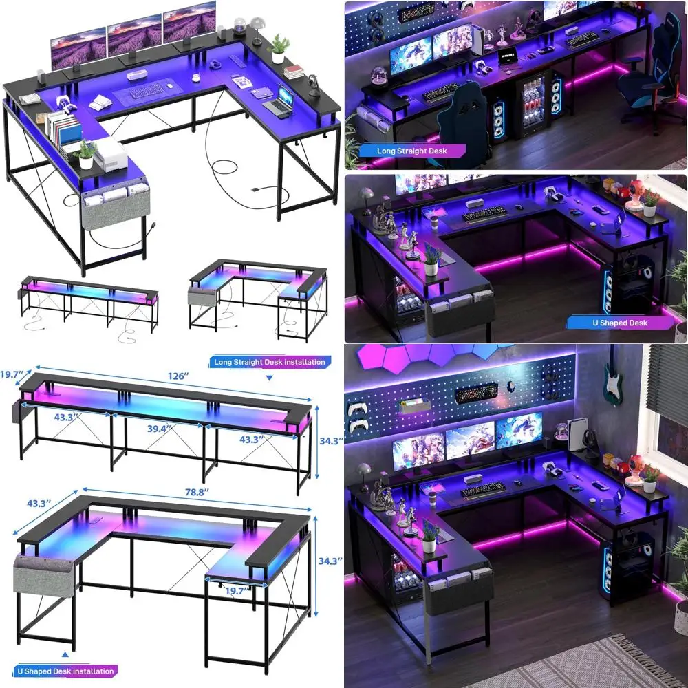 

Reversible U-Shaped Gaming Desk with Power Outlets, LED Strip, and Monitor Stand for Large Corner Spaces