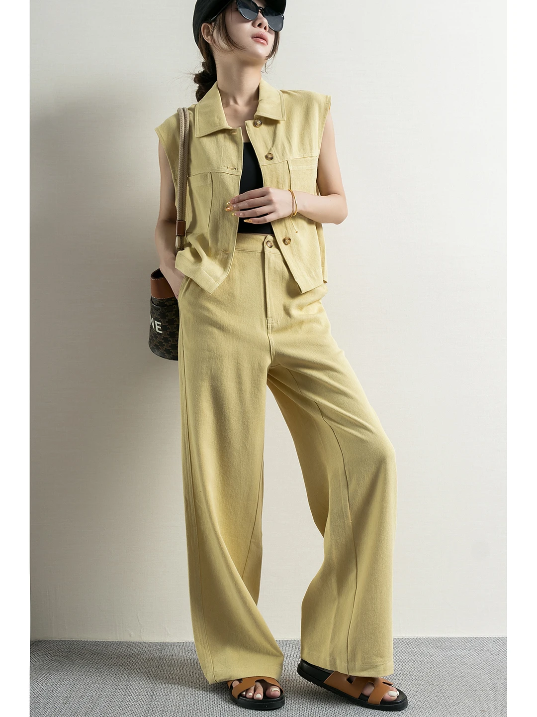 

Модный летний комплект из тонкого хлопка и льна с цветочным принтом, желтый джинсовый повседневный костюм для женщин, новинка 2025 года, жилет и длинные брюки, комплект из двух предметов, стильный...