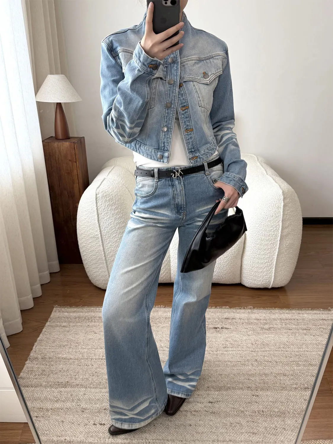 

ort Jaet, широкие брюки с высокой талией, женский джинсовый комплект, повседневный дизайн с текстурой, горная серия, наряд Faion