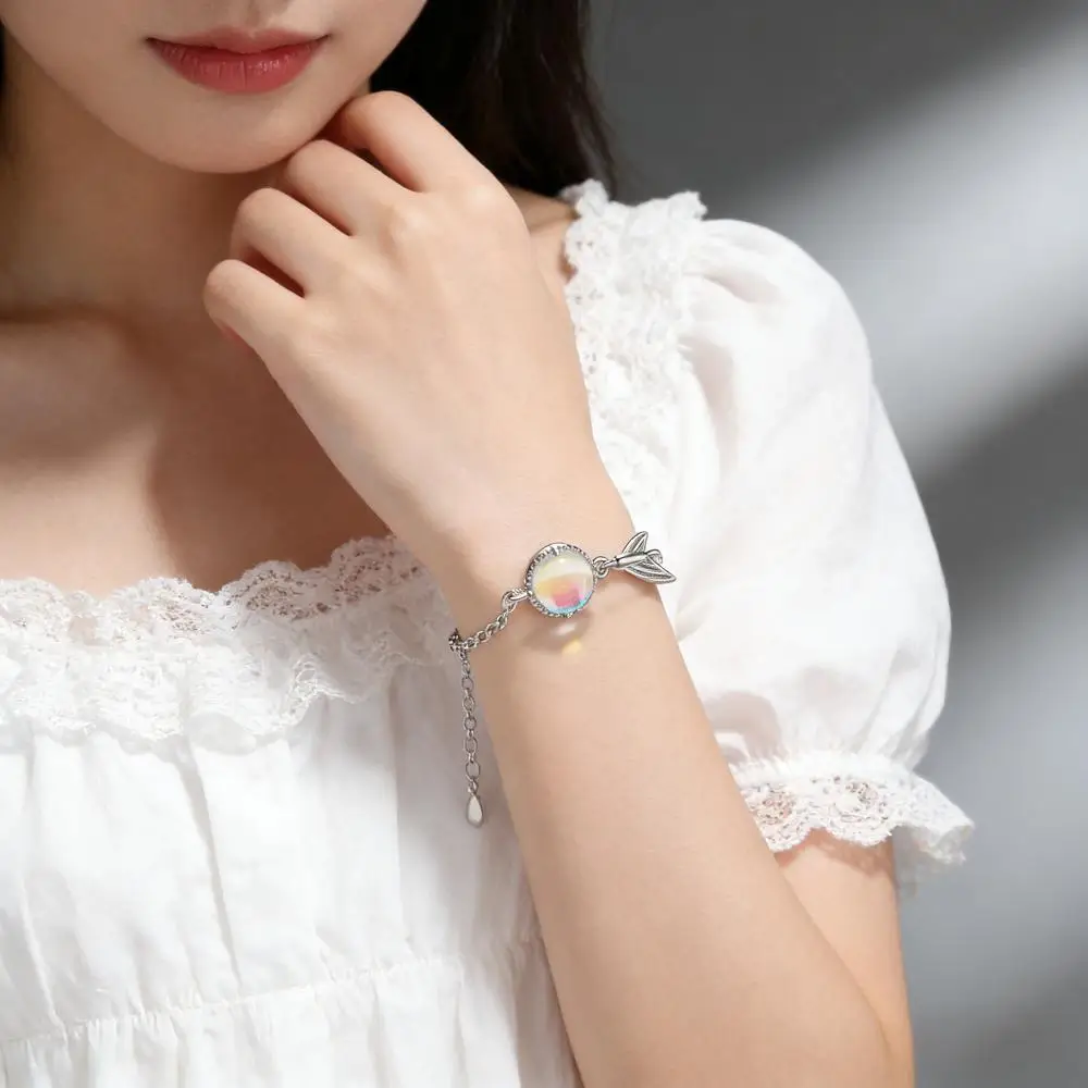 Delicate 925 Sterling Silver Fish Tail Shape Colorful Moonstone Adjustable Bracelets for Women Girls Wedding Party Jewelry Gifts
