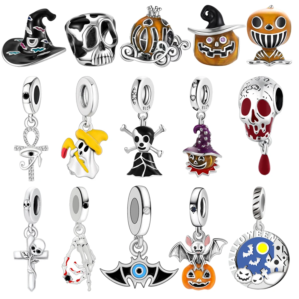 Halloween Serise Skullcap Sorceress Hat Pumpkin Carriage Devil's Eye Bat Dangle Charm Fit Pan Bead Bracelet Women Jewelry Gift