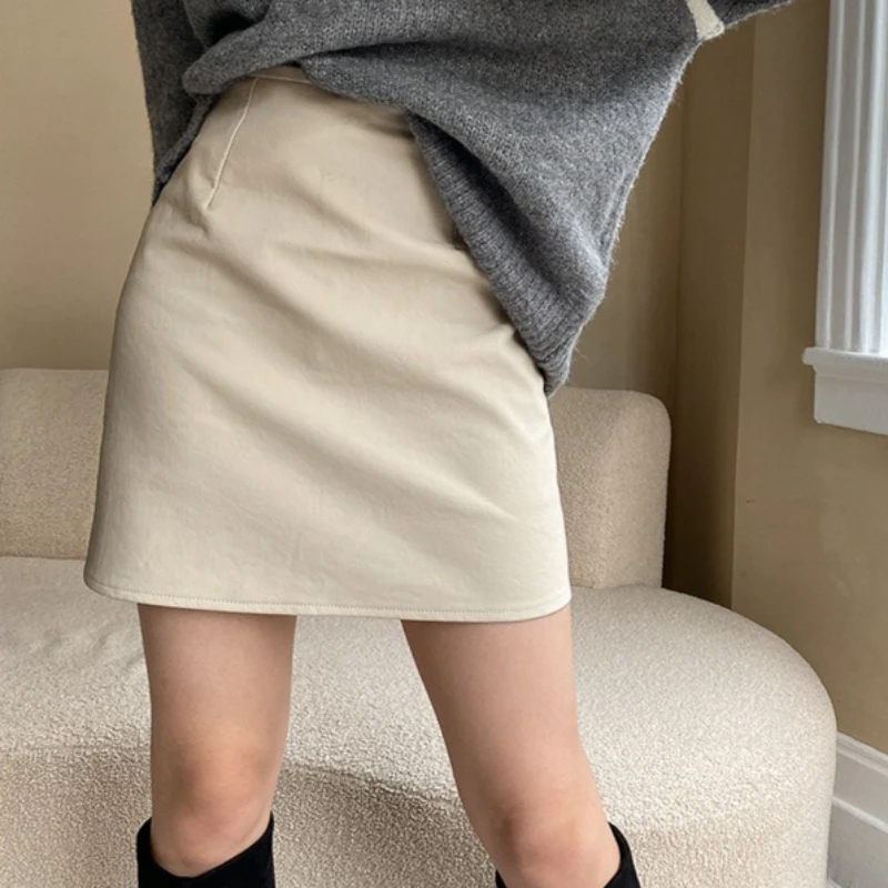 

Women Pu Leather Skirts Solid Skirt A Line Mini Length Elastic Empire Waist Non Strech Loose Fit Casual Office Lady 2025 Autumn