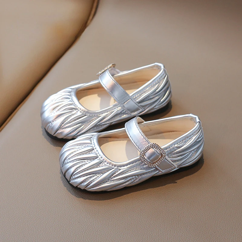 

Brand Design Pleats Ballet Flats Baby Kids Luxury Rhinestone Buckle Strap Mary Jane Shoes Toddler Girls Silver Princess Zapatos