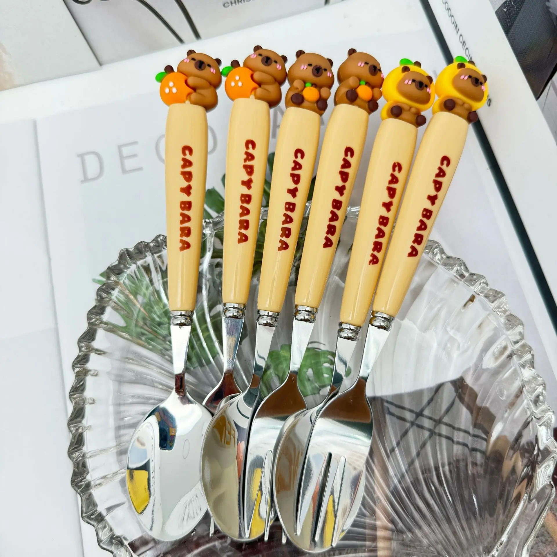 Fashion Capybara Stainless Steel Cutlery Set Cartoon Travel Portable Fork Spoon Dinnerware Sets Children Tableware Set School