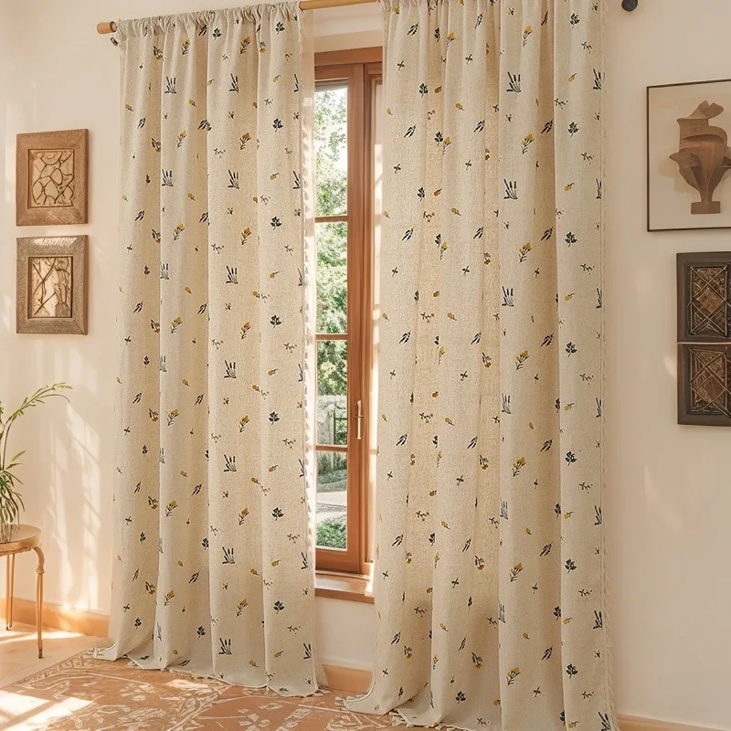 Linen Texture Curtain Fresh Wheat Embroidery Living Room Bedroom High-end Semi-transparent Home Window Curtain Fabric