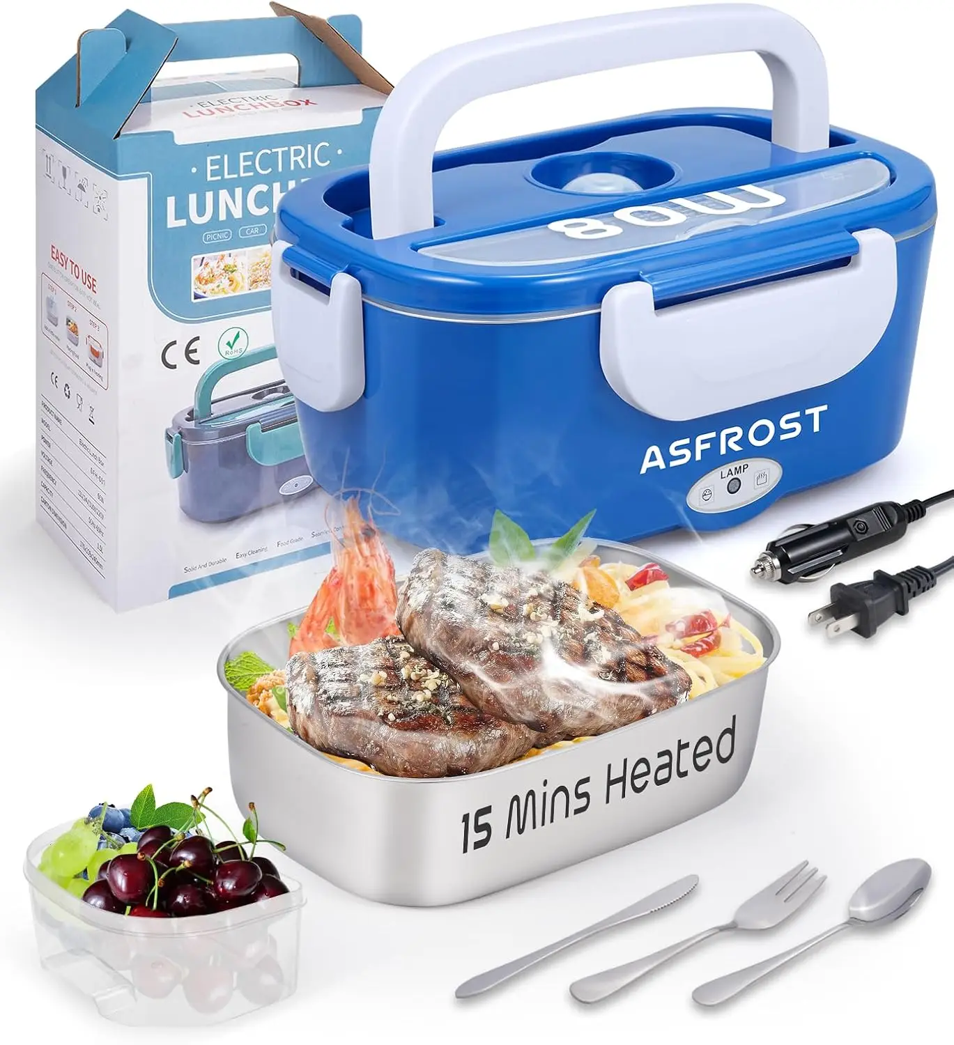 

[2025 Upgraded] Electric Heated Lunch Box 80W, Leakproof Portable Food Warmer for Car, Office, Travel - 1.5L+0.45L, 12V/24V/110V