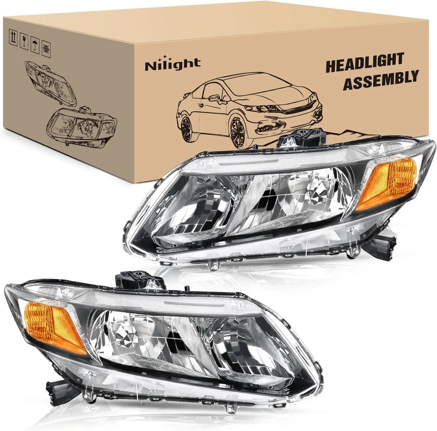 

Headlights Assembly for 2012 2013 2014 2015 Honda Civic Sedan 4-Door 12 13 Civic Coupe 2-Door Black Housing Headlamp