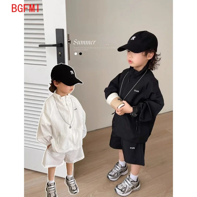 Summer Sunscreen Suit New Korean Boys & Girls Fashionable Sportswear Zippered Long Sleeved Thin Jacket + Shorts 2-piece Set