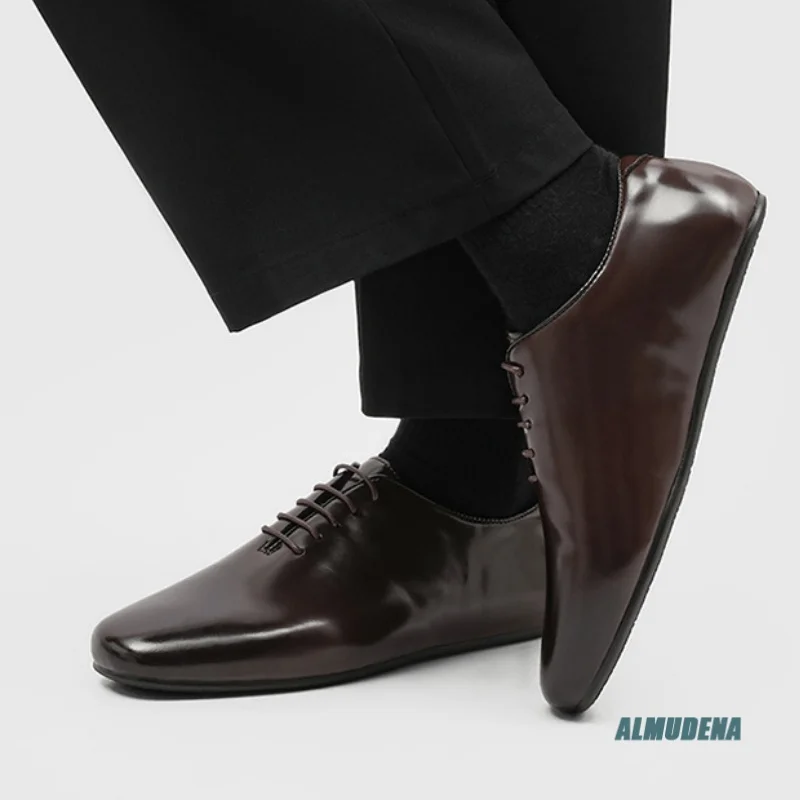 

Men's Genuine Leather Casual Derby Shoes Square Toe Lace-Up Flat Sole Street Style Urban Minimalist Fashion Business Shoes