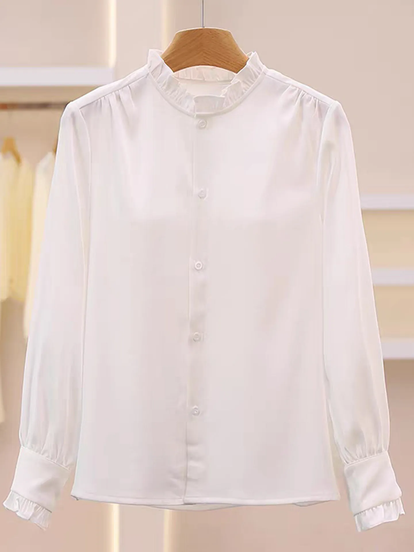 

Loose Long Sve irt White Wood ain Ruffle Early Spring Single Button ex Versatile irt Traditional Chinese Sle Top