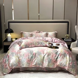 Natural Silk Bedding Set, High-End Silky Satin Quilt Cover, Single, Double, Queen Size, Printing Duvet Cover Set, Luxury