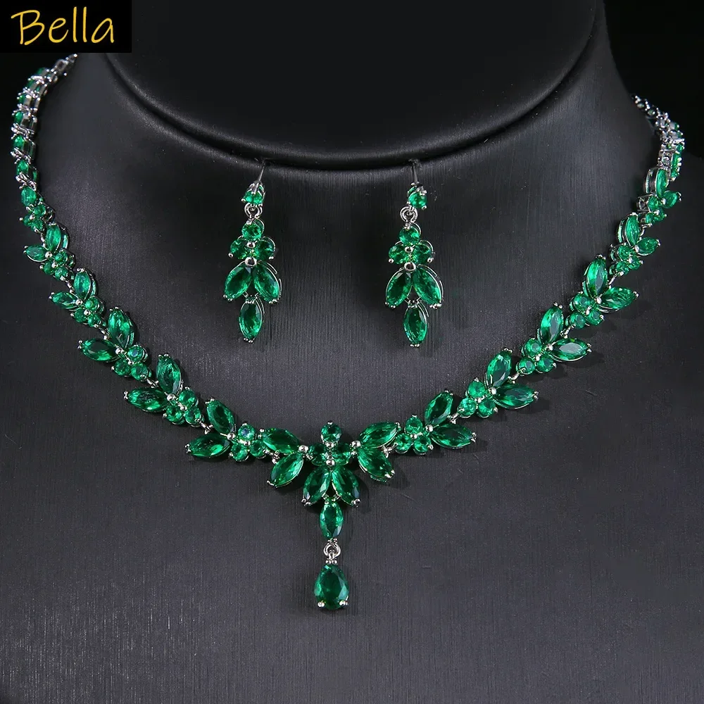 

Wedding Bride Necklace Earrings 2pcs Jewelry Sets Green Red Blue Leaf Jewelry Anniversary Gift Female