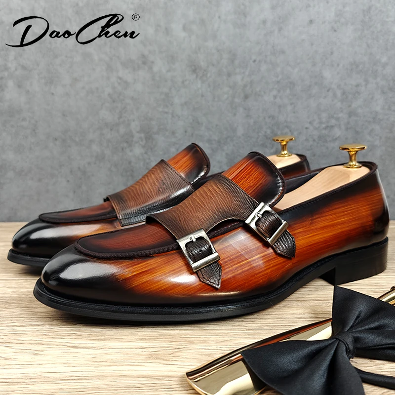 

DAOCHEN Luxury Mens Leathe Shoes Slip On Patent Leather Coffee Black Monk Strap Men Shoes Wedding Party Casual Dress Loafers