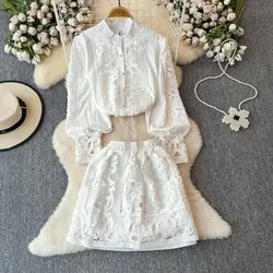 Spring Autumn Women Lace Patchwork Embroidery Designer Runway Outfits Single Breasted Shirt and Mini Skirt Pant Two Piece Set