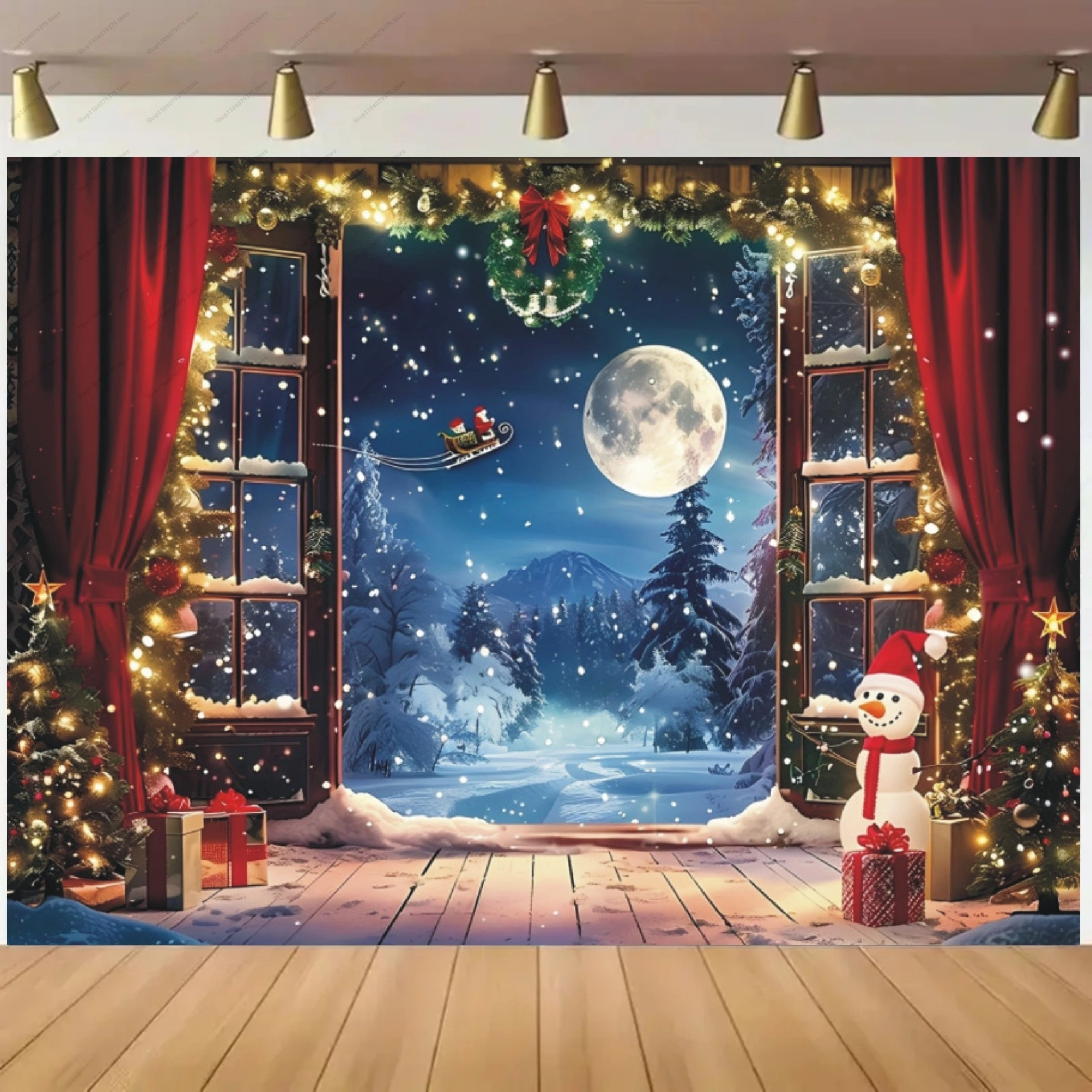 Christmas Party Background Santa Claus Photo Banner With Snow Window Moon Christmas Tree And Gifts For Photography New Year