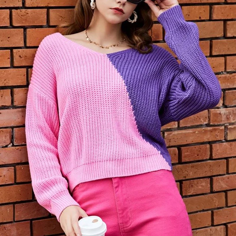 Fashion Sexy Backless Pullover Knitted Sweater Women 2023 Multi-color Splice V-neck Casual Top Jumper Long Sleeve Sweaters 29412