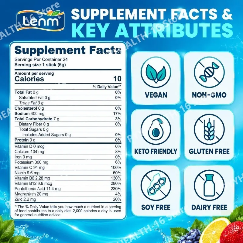 Hydration Support Electrolyte Drink Mix Powder 0 Sugar with 7 Essential Electrolytes and Vitamin B6 & B12, Exercise,24 Sticks