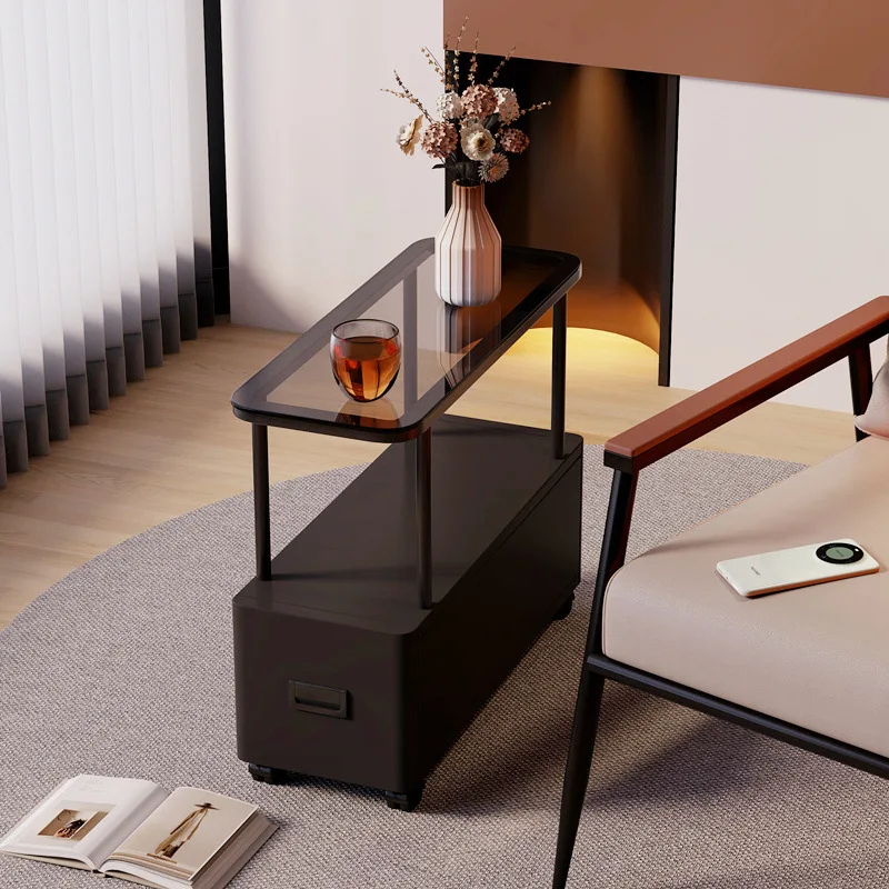 

Very narrow sofa, a few small coffee tables on the side, sewn storage cabinets, removable mini tables, high-end bedside shelves