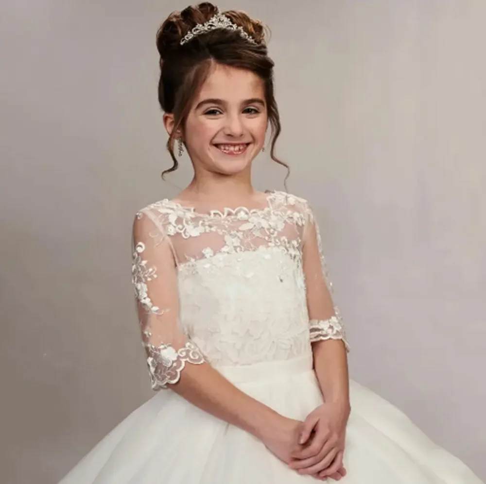 

Customized Lvory Flower Girl Dresses For Wedding Appliques Half Sleeves Elegant Princess Bridesmaid First Communion Prom Gown