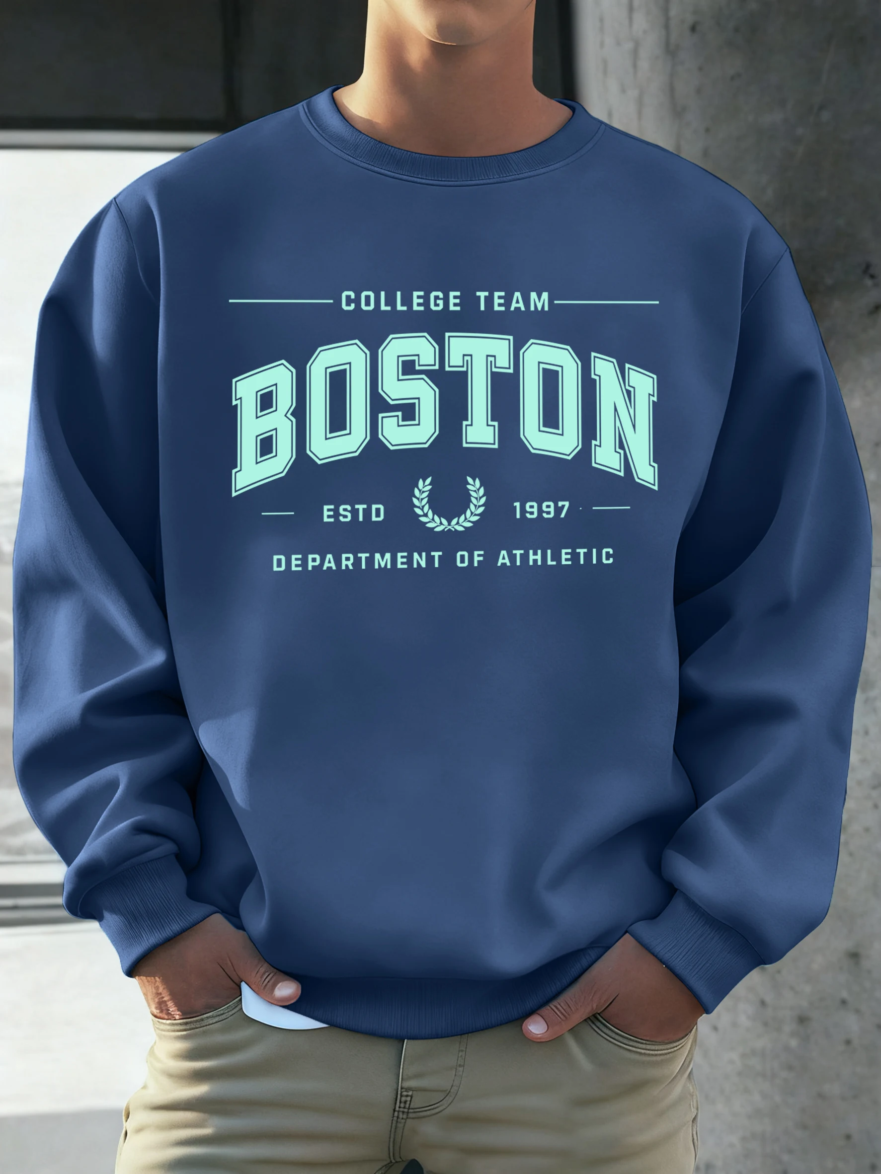 Sudadera de lana polar retro con cuello redondo para hombre, estilo informal y holgado, con estampado deportivo del Departamento de Atletismo de Boston, ideal para otoño.