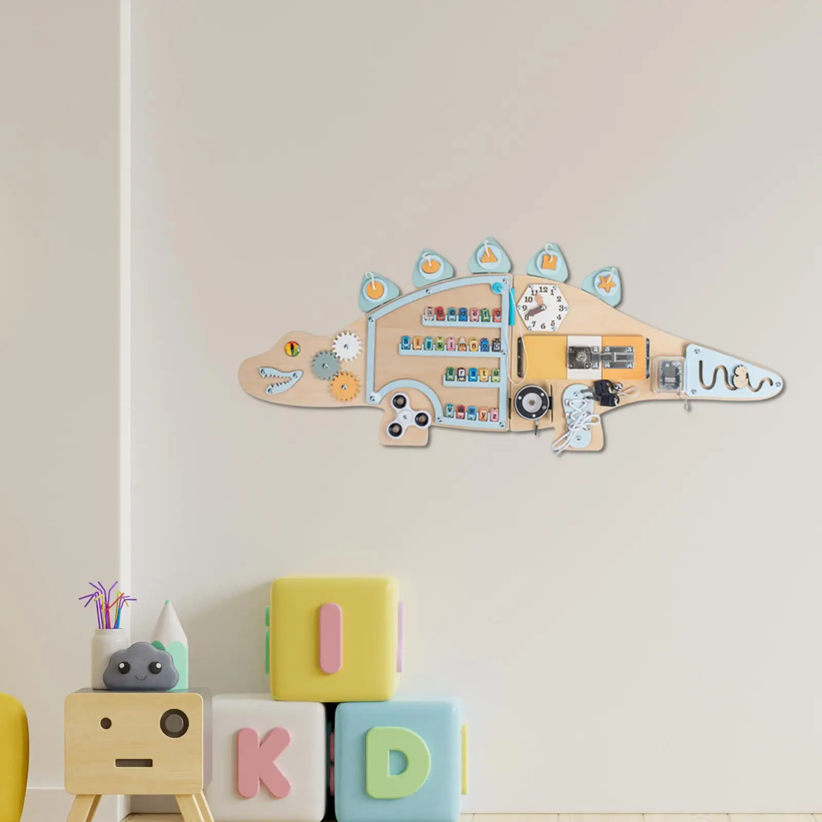 Giocattolo sensoriale di attività di dinosauro con tavola occupata in legno con equipaggiamento interattivo e forma per la coordinazione occhio-mano del bambino