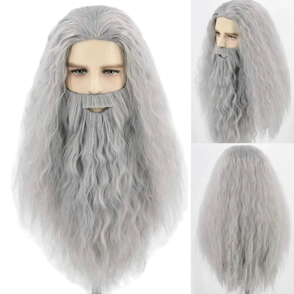 Pelucas y barba de cosplay grises para hombre de anime, cosplay de pelo sintético gris HallAnime Pelucas de cosplay grises para hombre y Beardoween, peluca de Navidad