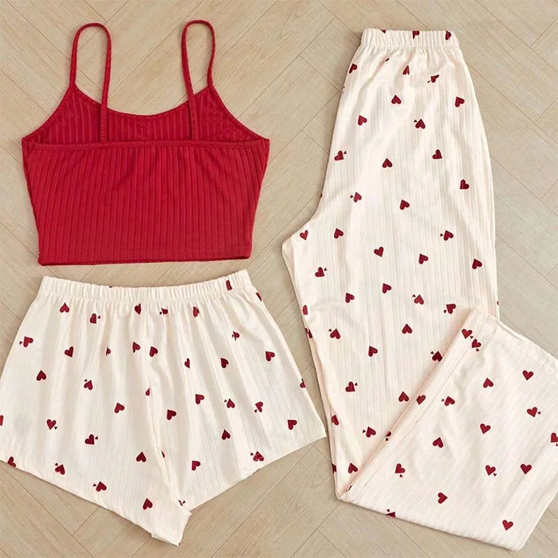 Three Piece Sleepwear Set Women's Casual Heart-Shaped Printed Vest and Shorts and Pants Paired with Ribbed Fabric for Homewear